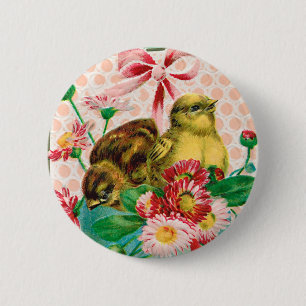 Vintage Chicks with Easter Egg Easter Greeting Button