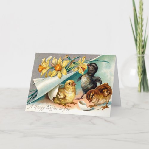 Vintage Chicks with Yellow Flowers Easter Greeting Holiday Card