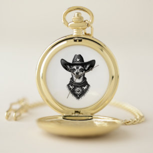 Vintage Chihuahua Cowboy Engraving Style Western D Pocket Watch