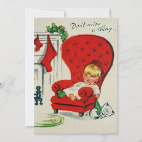 vintage Child and Cat Waiting For Santa Holiday Card