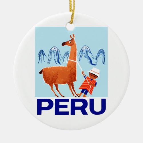 Vintage Child and Llama Peru Travel Poster Ceramic Ornament