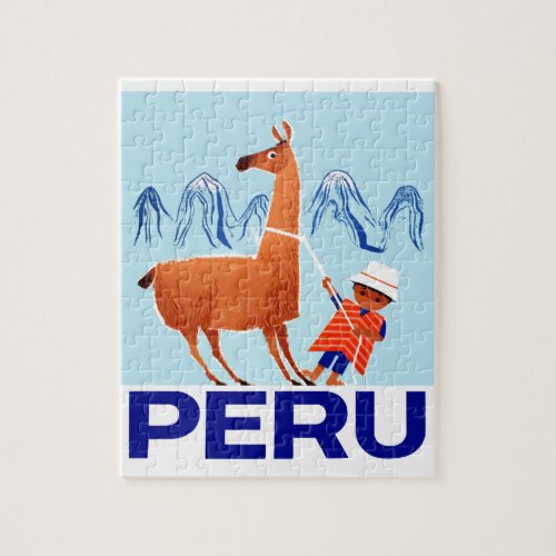 Vintage Child and Llama Peru Travel Poster Jigsaw Puzzle