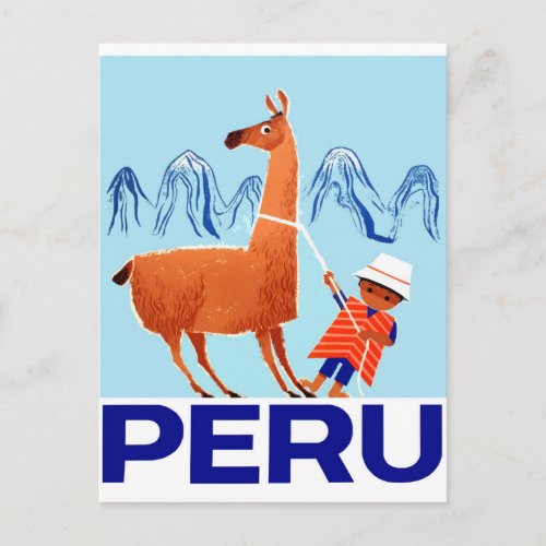 Vintage Child and Llama Peru Travel Poster Postcard