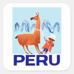 Vintage Child And Llama Peru Travel Poster Square Sticker at Zazzle