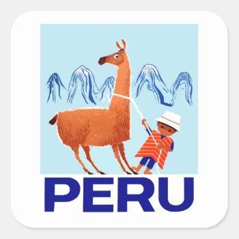 Vintage Child And Llama Peru Travel Poster Square Sticker by Retrographica at Zazzle