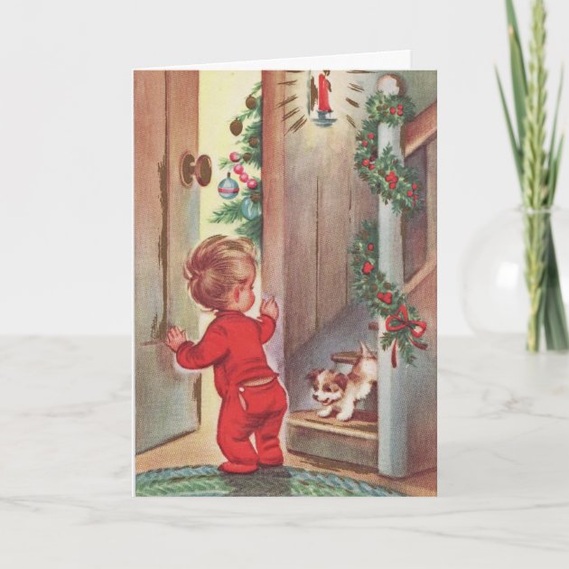 Vintage Child And Puppy Christmas Themed Holiday Invitation