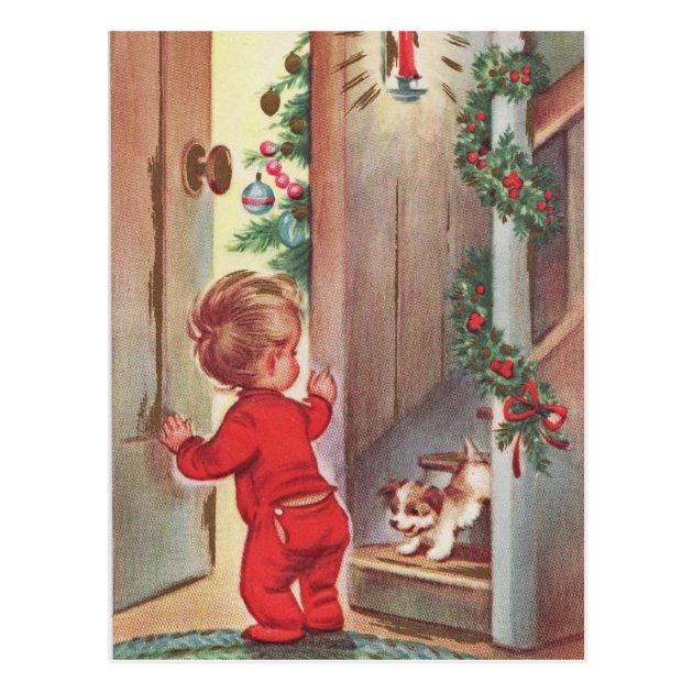 Vintage Child And Puppy Christmas Themed Postcard