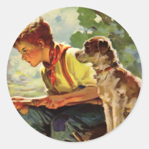 Vintage Child Boy Fishing with His Pet Dog Mutt Classic Round Sticker