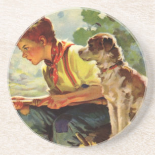 Vintage Child, Boy Fishing with His Pet Dog Mutt Coaster