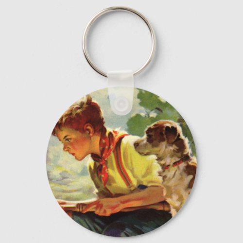 Vintage Child Boy Fishing with His Pet Dog Mutt Keychain