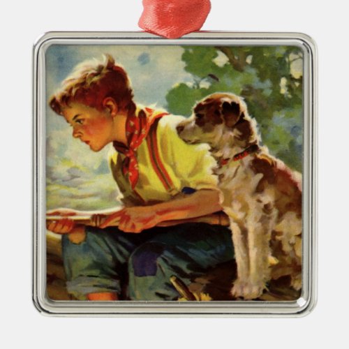 Vintage Child Boy Fishing with His Pet Dog Mutt Metal Ornament