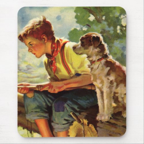 Vintage Child Boy Fishing with His Pet Dog Mutt Mouse Pad