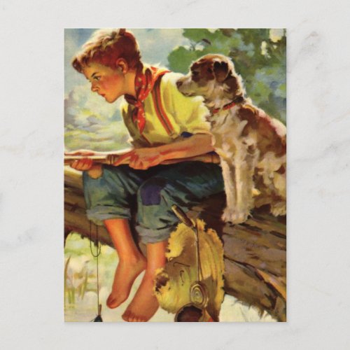 Vintage Child Boy Fishing with His Pet Dog Mutt Postcard
