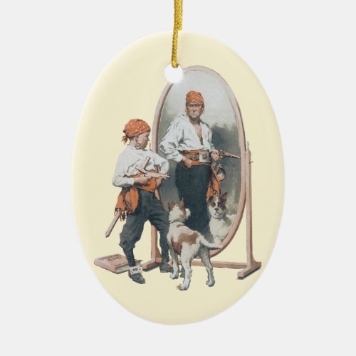 Vintage Child Boy Pirate Dog Mirror Buccaneer Ceramic Ornament