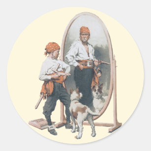 Vintage Child, Boy Pirate, Dog, Mirror, Buccaneer Classic Round Sticker