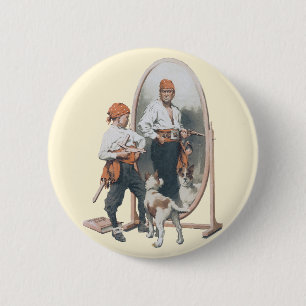 Vintage Child, Boy Pirate, Dog, Mirror, Buccaneer Pinback Button