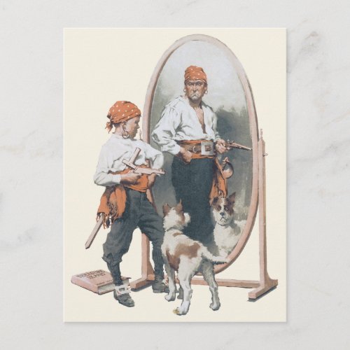 Vintage Child Boy Pirate Dog Mirror Buccaneer Postcard