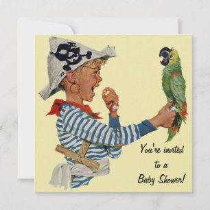 Vintage Child, Boy Pirate Parrot Bird, Baby Shower Invitation