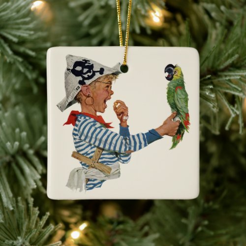 Vintage Child Boy Playing Pirate Parrot Bird Ceramic Ornament