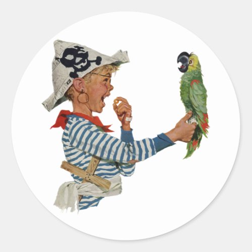 Vintage Child Boy Playing Pirate Parrot Bird Classic Round Sticker