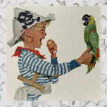 Vintage Child, Boy Playing Pirate Parrot Bird Jigsaw Puzzle<br><div class="desc">Vintage illustration children image featuring a child dressed as a pirate wearing a newspaper hat with a skull and crossbones and playing with his pet parrot bird. AAARRRGH a matey! Can Polly bird speak like a Pirate?</div>
