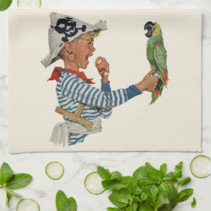 Vintage Child, Boy Playing Pirate Parrot Bird Kitchen Towel