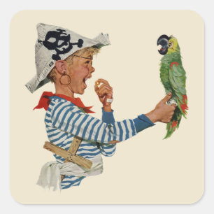 Vintage Child, Boy Playing Pirate Parrot Bird Square Sticker
