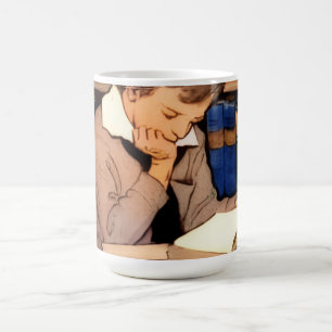 Vintage Child Boy Reading Library Book Coffee Mug
