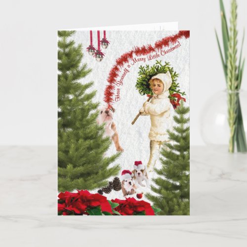 Vintage Child  Bulldog Wishes For Merry Christmas Holiday Card