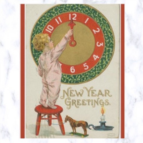 Vintage Child Clock Toy Horse and Candle New Year Postcard