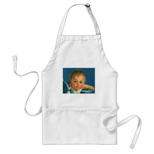 Vintage Child Cute Baby Boy or Girl in Highchair Adult Apron