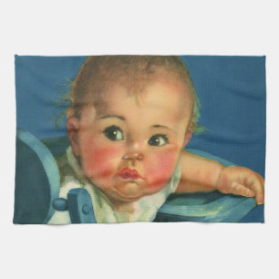 Vintage Child, Cute Baby Boy or Girl in Highchair Kitchen Towel