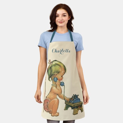 Vintage Child Cute Blond Girl Talking on Toy Phone Apron