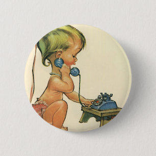 Vintage Child Cute Blond Girl Talking on Toy Phone Button
