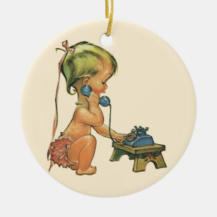 Vintage Child Cute Blond Girl Talking on Toy Phone Ceramic Ornament