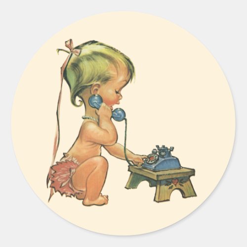 Vintage Child Cute Blond Girl Talking on Toy Phone Classic Round Sticker