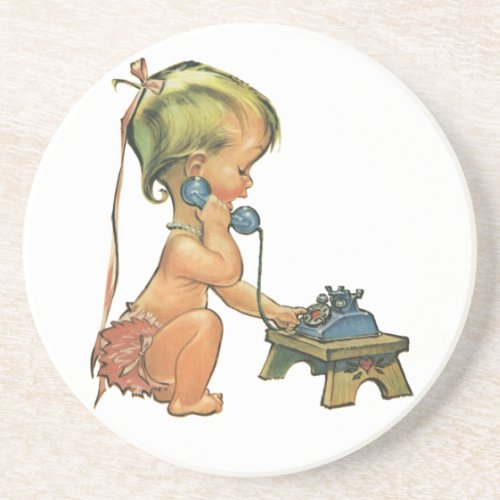 Vintage Child Cute Blond Girl Talking on Toy Phone Drink Coaster