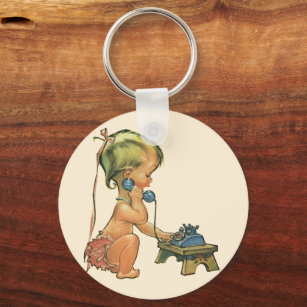 Vintage Child Cute Blond Girl Talking on Toy Phone Keychain