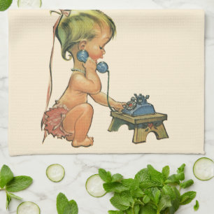 Vintage Child Cute Blond Girl Talking on Toy Phone Kitchen Towel
