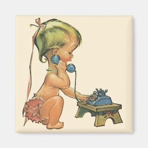 Vintage Child Cute Blond Girl Talking on Toy Phone Magnet