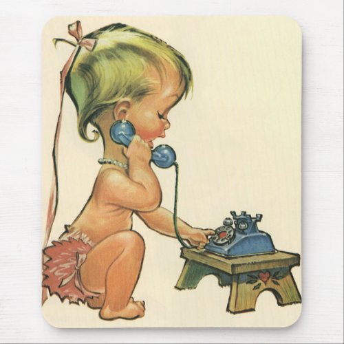 Vintage Child Cute Blond Girl Talking on Toy Phone Mouse Pad