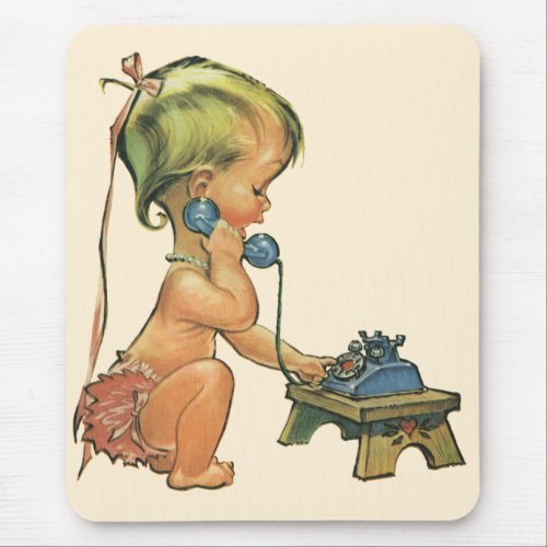 Vintage Child Cute Blond Girl Talking on Toy Phone Mouse Pad