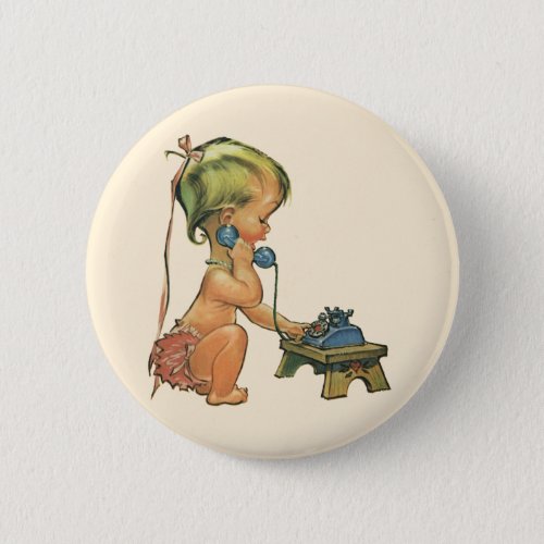 Vintage Child Cute Blond Girl Talking on Toy Phone Pinback Button