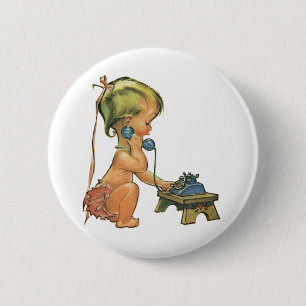 Vintage Child Cute Blond Girl Talking on Toy Phone Pinback Button