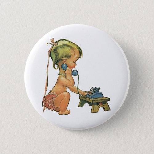 Vintage Child Cute Blond Girl Talking on Toy Phone Pinback Button