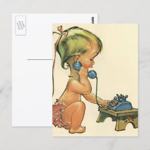 Vintage Child Cute Blond Girl Talking on Toy Phone Postcard