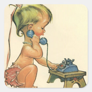 Vintage Child Cute Blond Girl Talking on Toy Phone Square Sticker