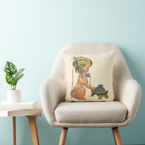 Vintage Child Cute Blond Girl Talking on Toy Phone Throw Pillow
