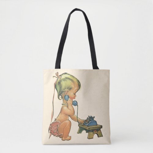 Vintage Child Cute Blond Girl Talking on Toy Phone Tote Bag