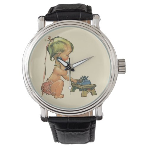 Vintage Child Cute Blond Girl Talking on Toy Phone Watch